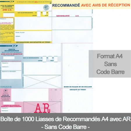 Recommandés avec AR format A4 Sans Code Barre<br/>(boîte de 1000 liasses)